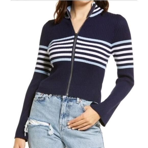 Cali‎ Be Full Zip Cardigan Sweater Women Medium Navy Blue Stripe Preppy Academia - Picture 1 of 13